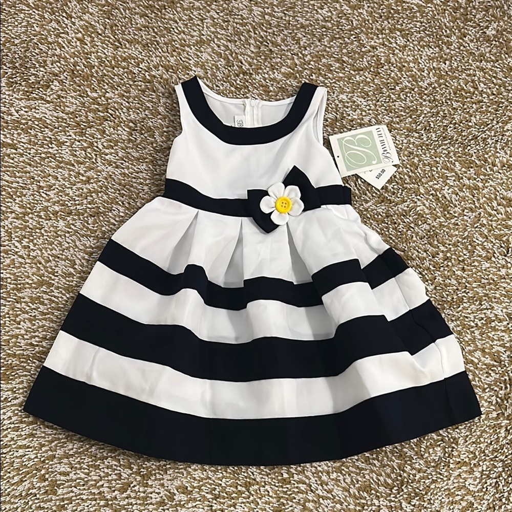 Bonnie Jean Black and White Striped Dress with Flower Accent